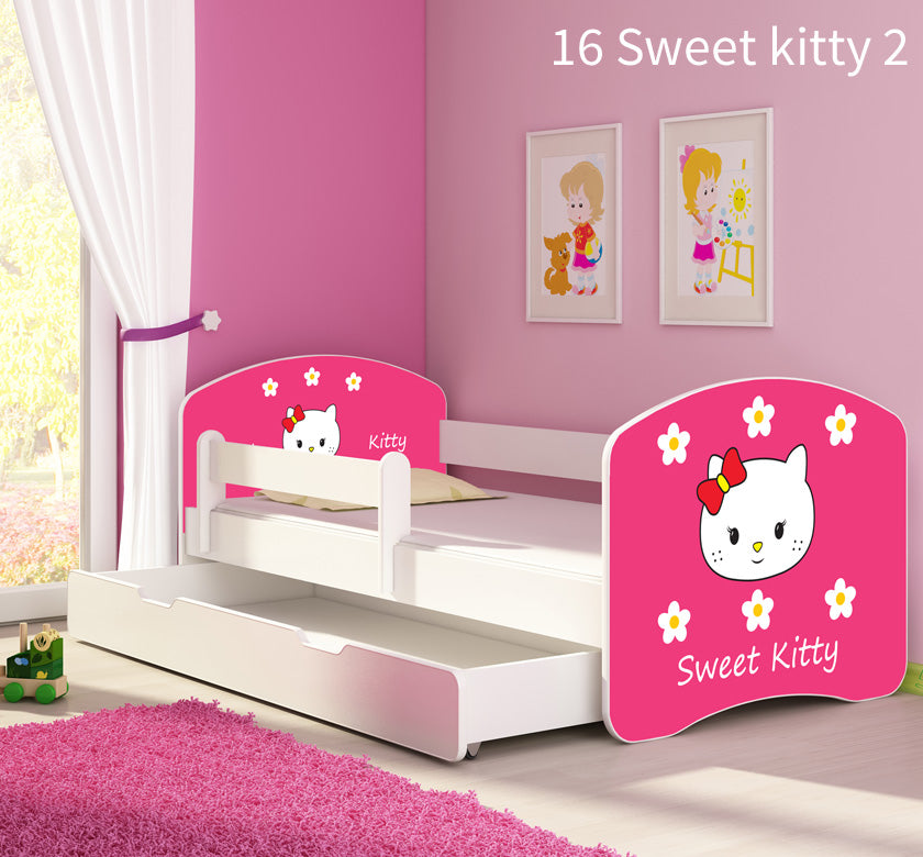 Dječji krevet ACMA s motivom, bočna bijela + ladica 160x80 cm 16 Sweet Kitty 2