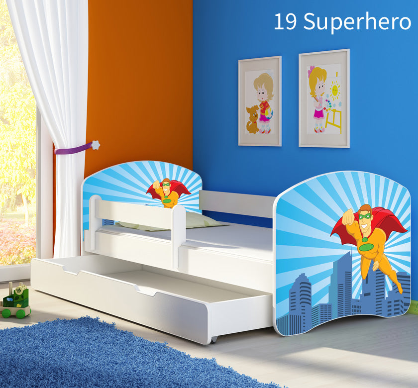 Dječji krevet ACMA s motivom, bočna bijela + ladica 140x70 cm 19 Superhero