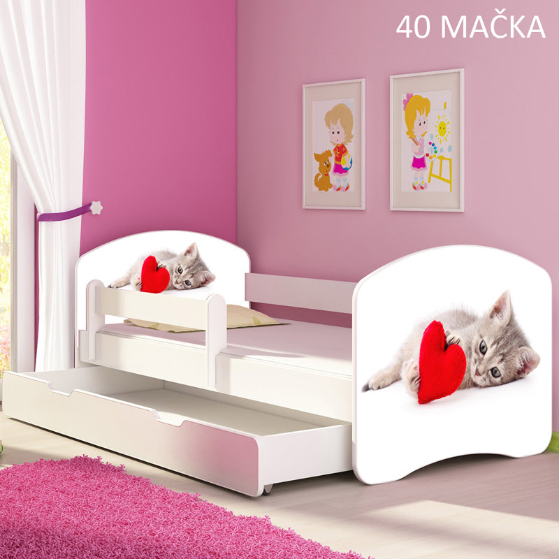 Dječji krevet ACMA s motivom, bočna bijela + ladica 160x80 cm 40 Mačka