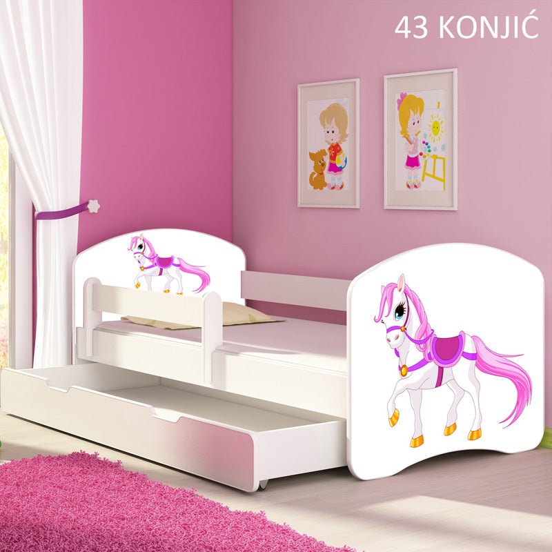 Dječji krevet ACMA s motivom, bočna bijela + ladica 160x80 cm 43 Konjić