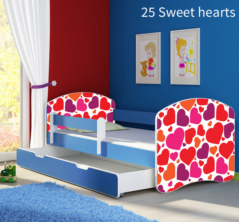 Dječji krevet ACMA s motivom, bočna plava + ladica 160x80 cm 25 Sweet hearts