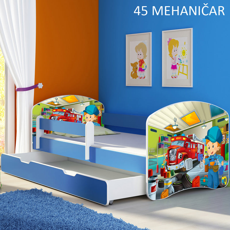 Dječji krevet ACMA s motivom, bočna plava + ladica 180x80 cm 45 Mehaničar