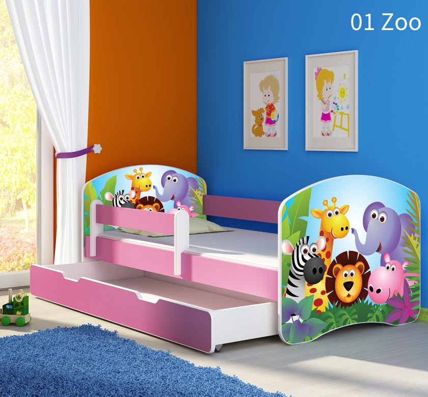 Dječji krevet ACMA s motivom, bočna roza + ladica 180x80 cm