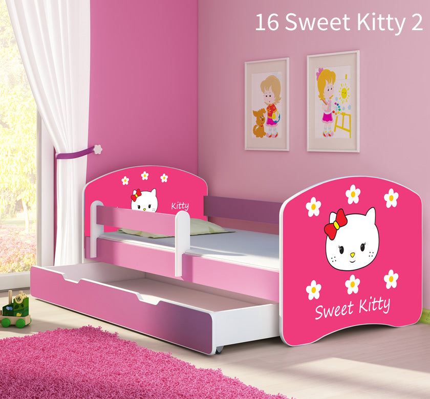 Dječji krevet ACMA s motivom, bočna roza + ladica 160x80 cm 16 Sweet Kitty 2
