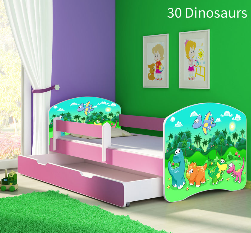 Dječji krevet ACMA s motivom, bočna roza + ladica 180x80 cm 30 Dinosaurs