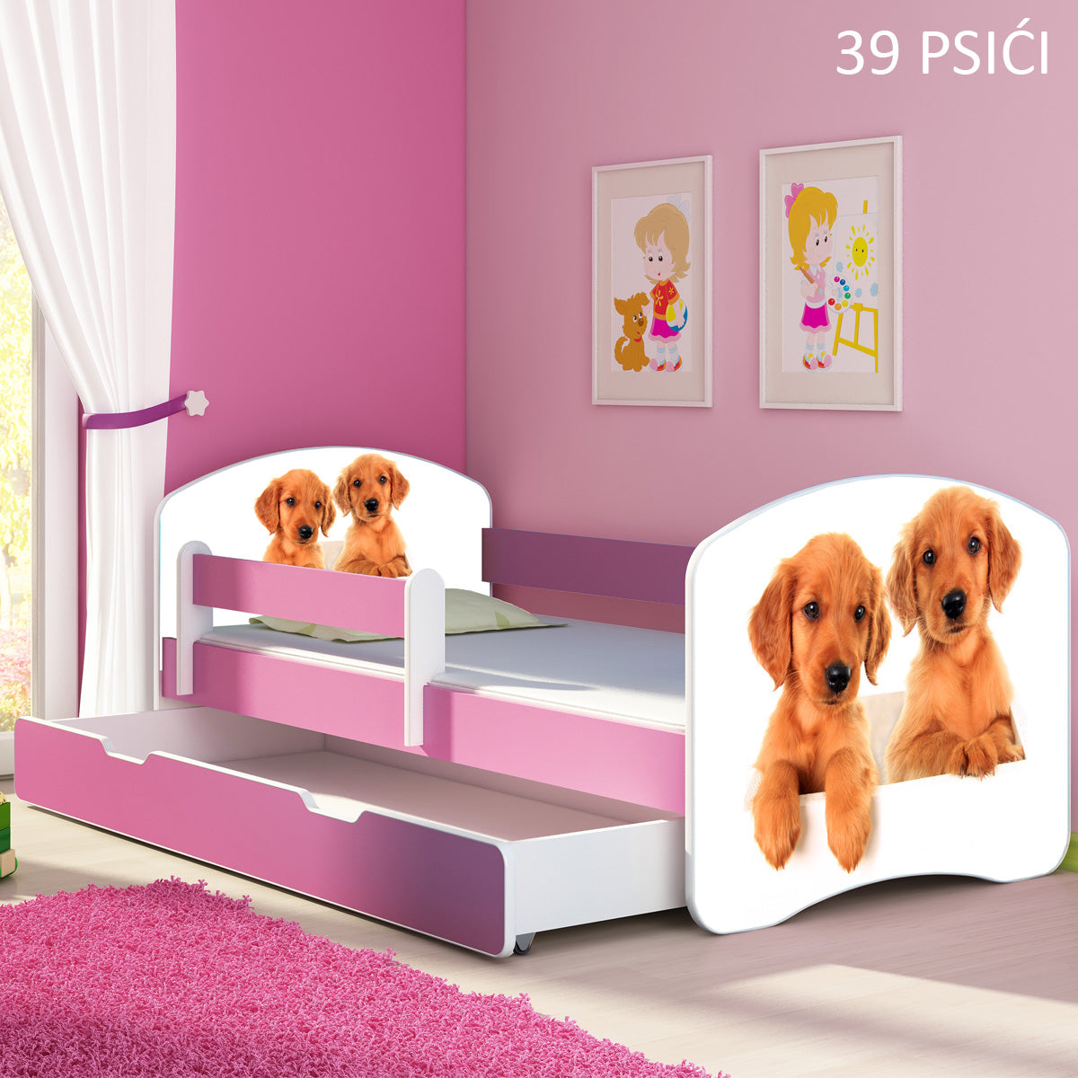 Dječji krevet ACMA s motivom, bočna roza + ladica 160x80 cm 39 Psići