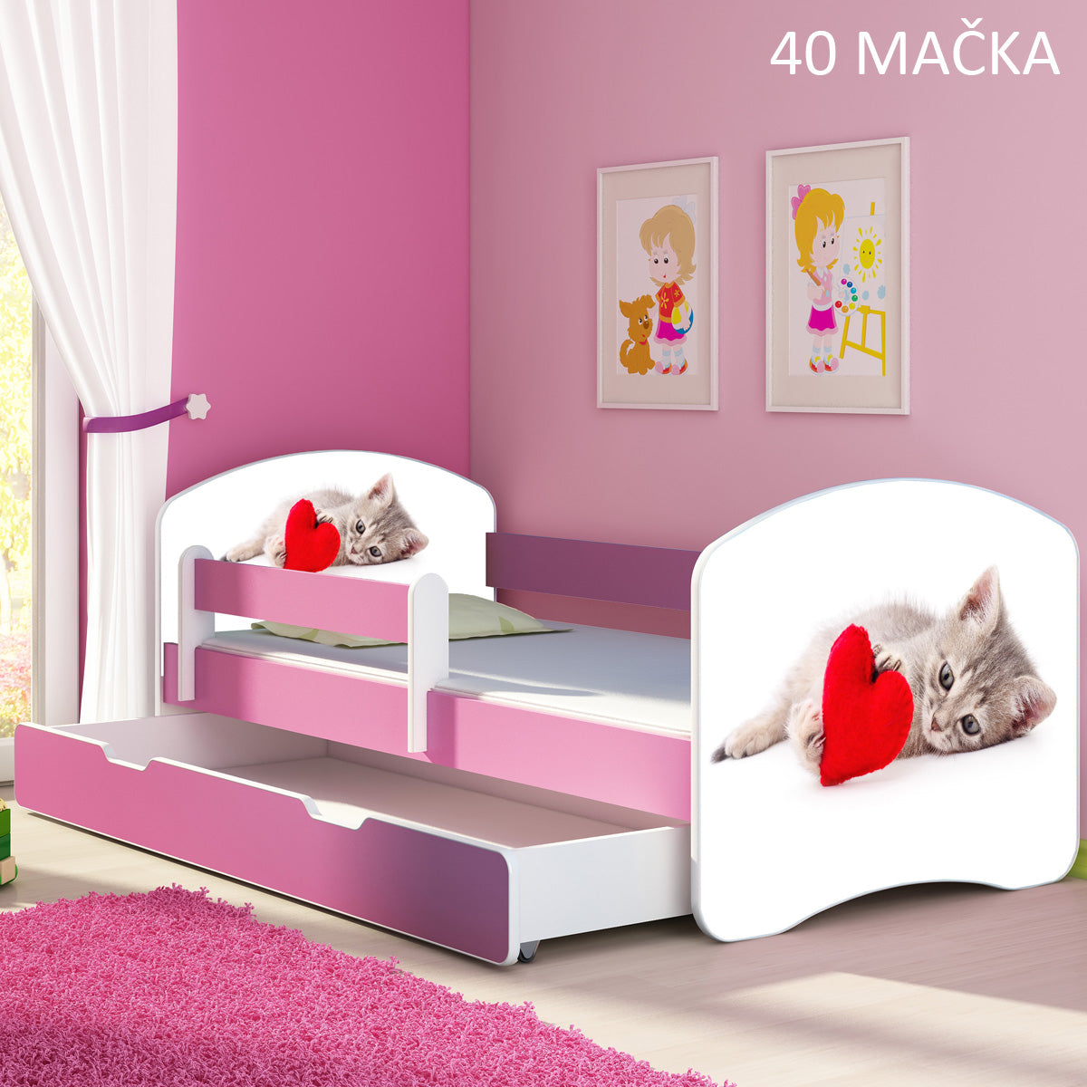Dječji krevet ACMA s motivom, bočna roza + ladica 180x80 cm 40 Mačka