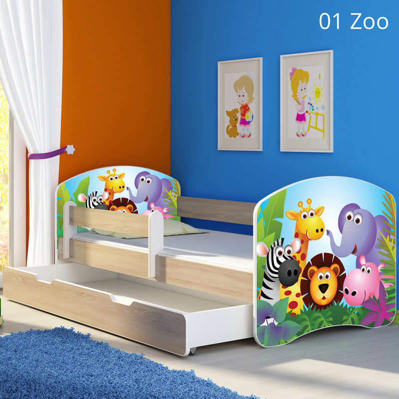 Dječji krevet ACMA s motivom, bočna sonoma + ladica 180x80 cm 01 Zoo