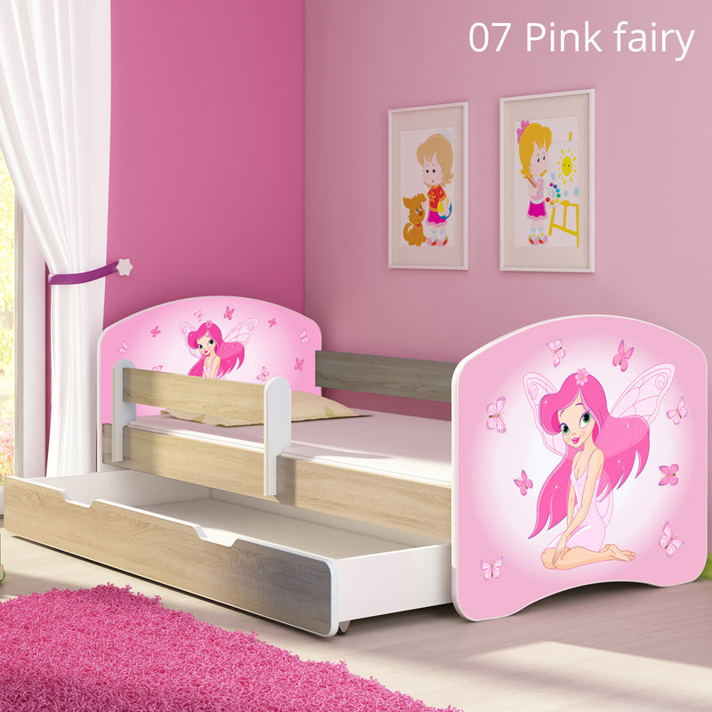 Dječji krevet ACMA s motivom, bočna sonoma + ladica 180x80 cm 07 Pink Fairy