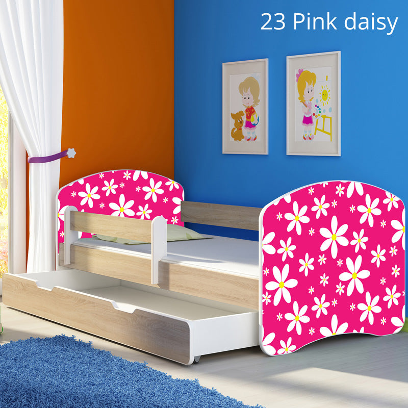 Dječji krevet ACMA s motivom, bočna sonoma + ladica 180x80 cm 23 Pink Daisy