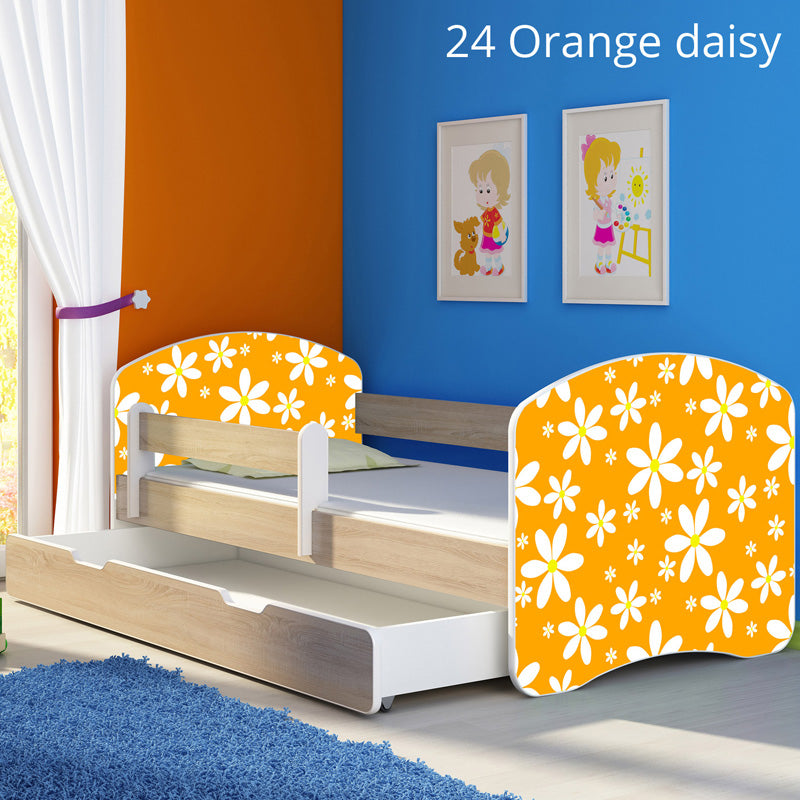 Dječji krevet ACMA s motivom, bočna sonoma + ladica 180x80 cm 24 Orange Daisy