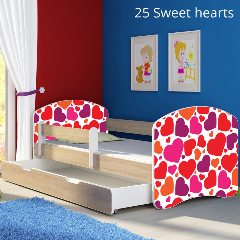 Dječji krevet ACMA s motivom, bočna sonoma + ladica 160x80 cm 25 Sweet hearts