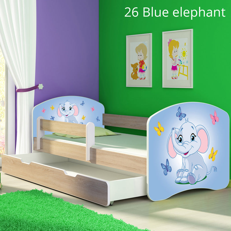 Dječji krevet ACMA s motivom, bočna sonoma + ladica 140x70 cm 26 Blue Elephant