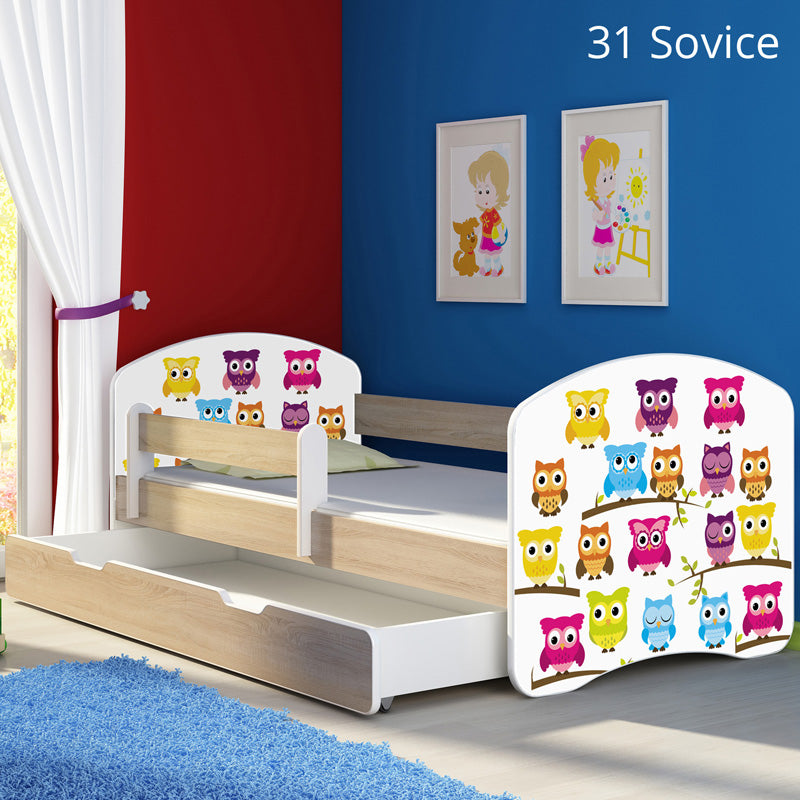 Dječji krevet ACMA s motivom, bočna sonoma + ladica 140x70 cm 31 Owls