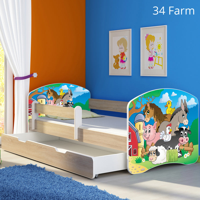Dječji krevet ACMA s motivom, bočna sonoma + ladica 140x70 cm 34 Farm