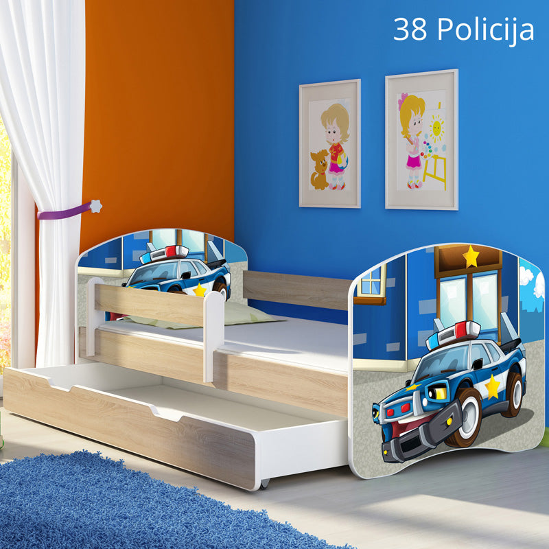 Dječji krevet ACMA s motivom, bočna sonoma + ladica 160x80 cm 38 Policija