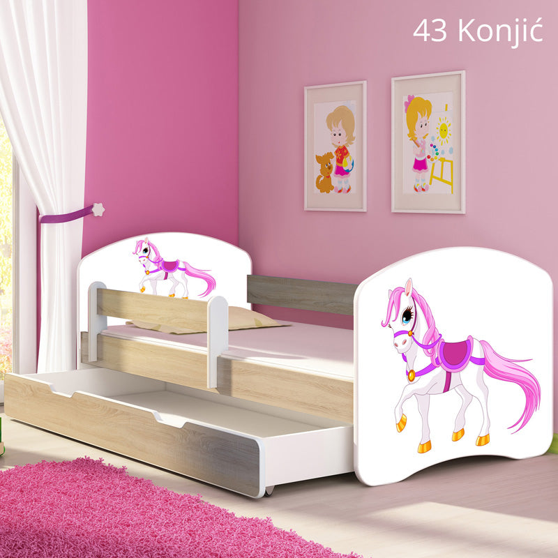 Dječji krevet ACMA s motivom, bočna sonoma + ladica 160x80 cm 43 Konjić