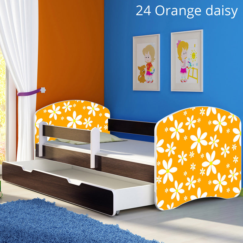 Dječji krevet ACMA s motivom, bočna wenge + ladica 160x80 cm 24 Orange Daisy