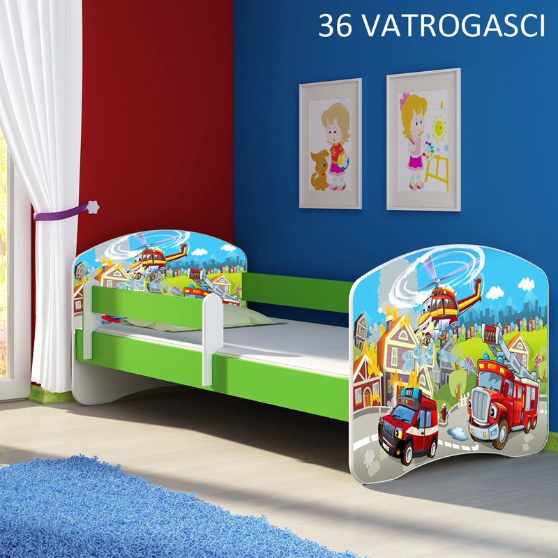 Dječji krevet ACMA s motivom, bočna zelena 140x70 cm 36 Vatrogasci
