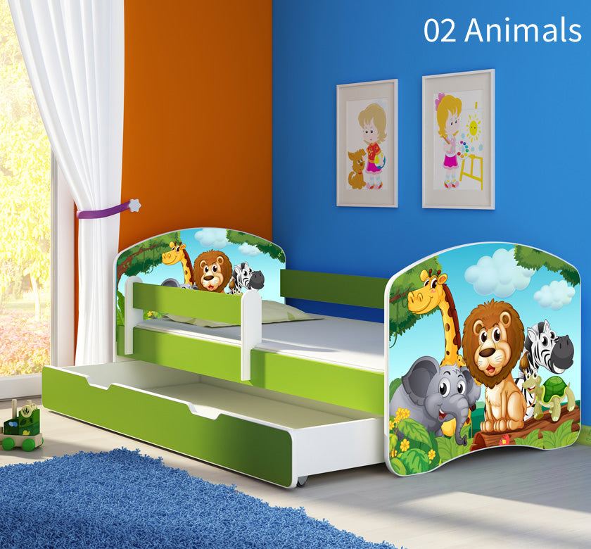 Dječji krevet ACMA s motivom, bočna zelena + ladica 180x80 cm 02 Animals