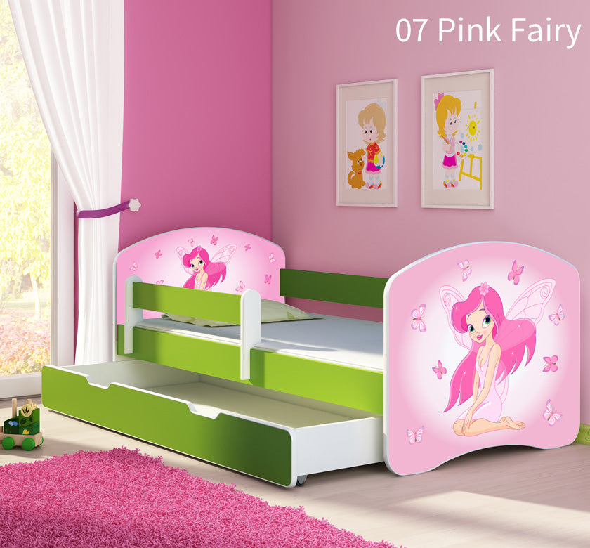 Dječji krevet ACMA s motivom, bočna zelena + ladica 160x80 cm 07 Pink Fairy
