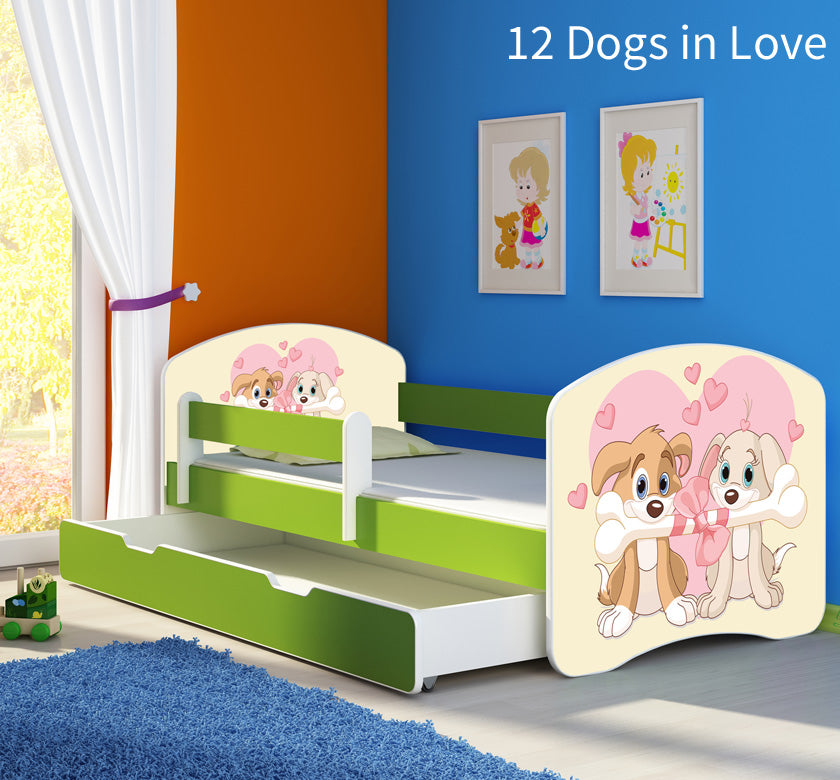 Dječji krevet ACMA s motivom, bočna zelena + ladica 140x70 cm 12 Dogs in Love