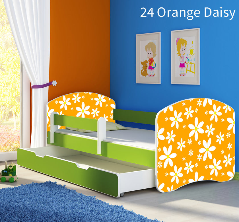 Dječji krevet ACMA s motivom, bočna zelena + ladica 160x80 cm 24 Orange Daisy