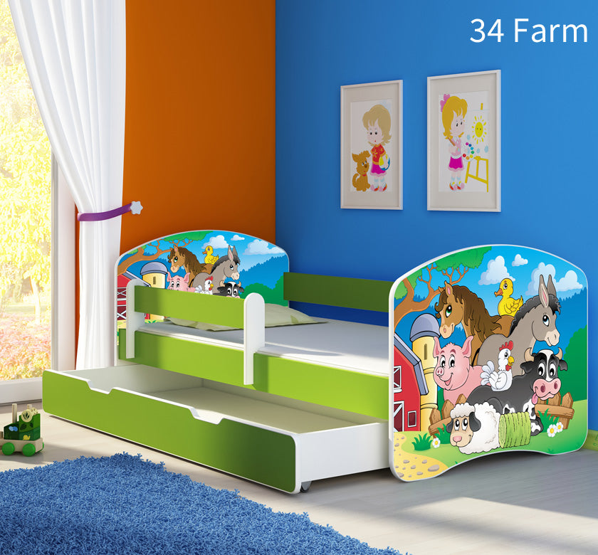 Dječji krevet ACMA s motivom, bočna zelena + ladica 180x80 cm 34 Farm