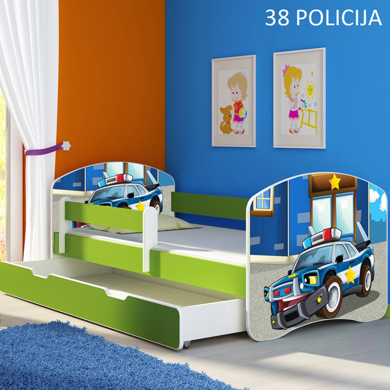Dječji krevet ACMA s motivom, bočna zelena + ladica 160x80 cm 38 Policija