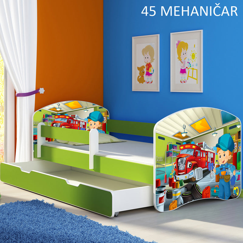 Dječji krevet ACMA s motivom, bočna zelena + ladica 160x80 cm 45 Mehaničar