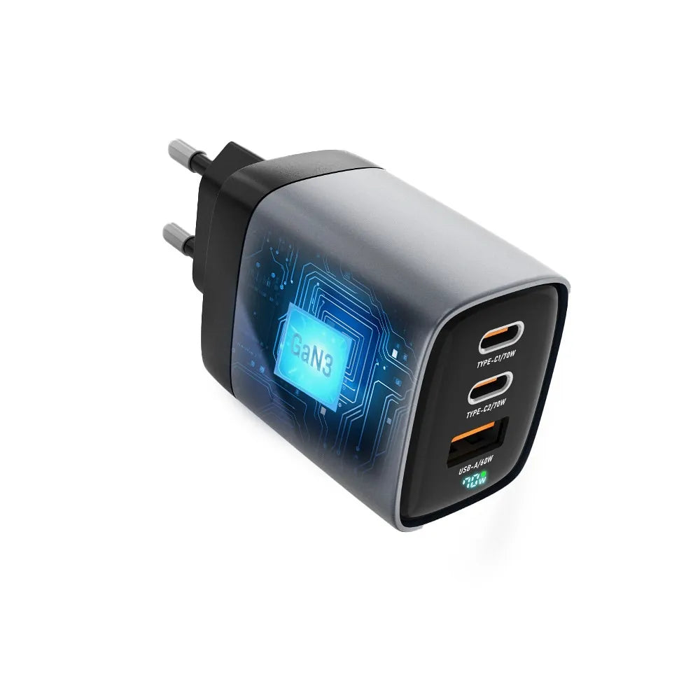 FORCELL F-ENERGY GaN III VT-37 síťová nabíječka s LCD displejem 2 x Type C + USB A PD QC4.0 SAM SFC2.0 3.45A 70W šedá