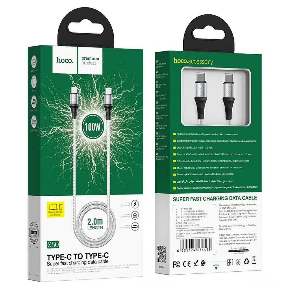 HOCO kabel USB-C na USB-C Exquisite Power Delivery PD 100W X50 2 metry šedý