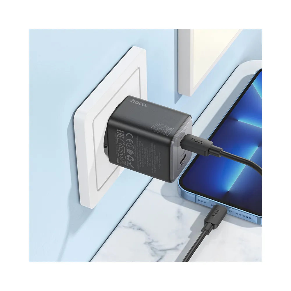 Nástěnná nabíječka HOCO 2x typ C + kabel typ C na Lightning PD QC 45W GaN N42 černá
