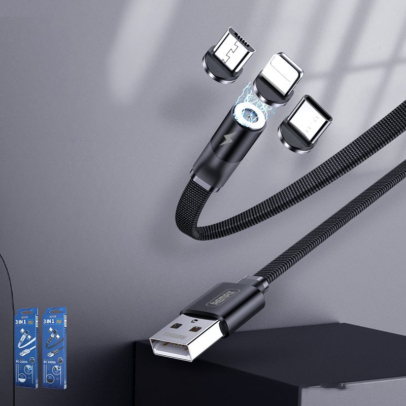 REMAX magnetický USB kabel + sada konektorů Lightning / USB typ C / mikro USB 2.1A 1m