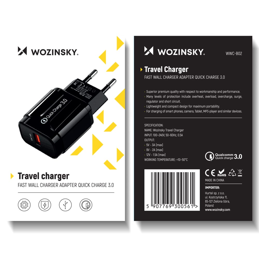 Wozinsky USB nástěnná nabíječka Quick Charge 3A