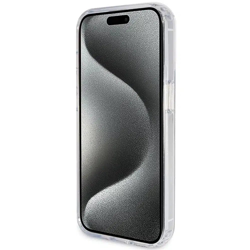 Originální pouzdro GUESS Hardcase GUHMP15XHRSGSD pro iPhone 15 Pro Max (Magsafe / Glitter Script Logo / kruhový stojánek / průhledné)