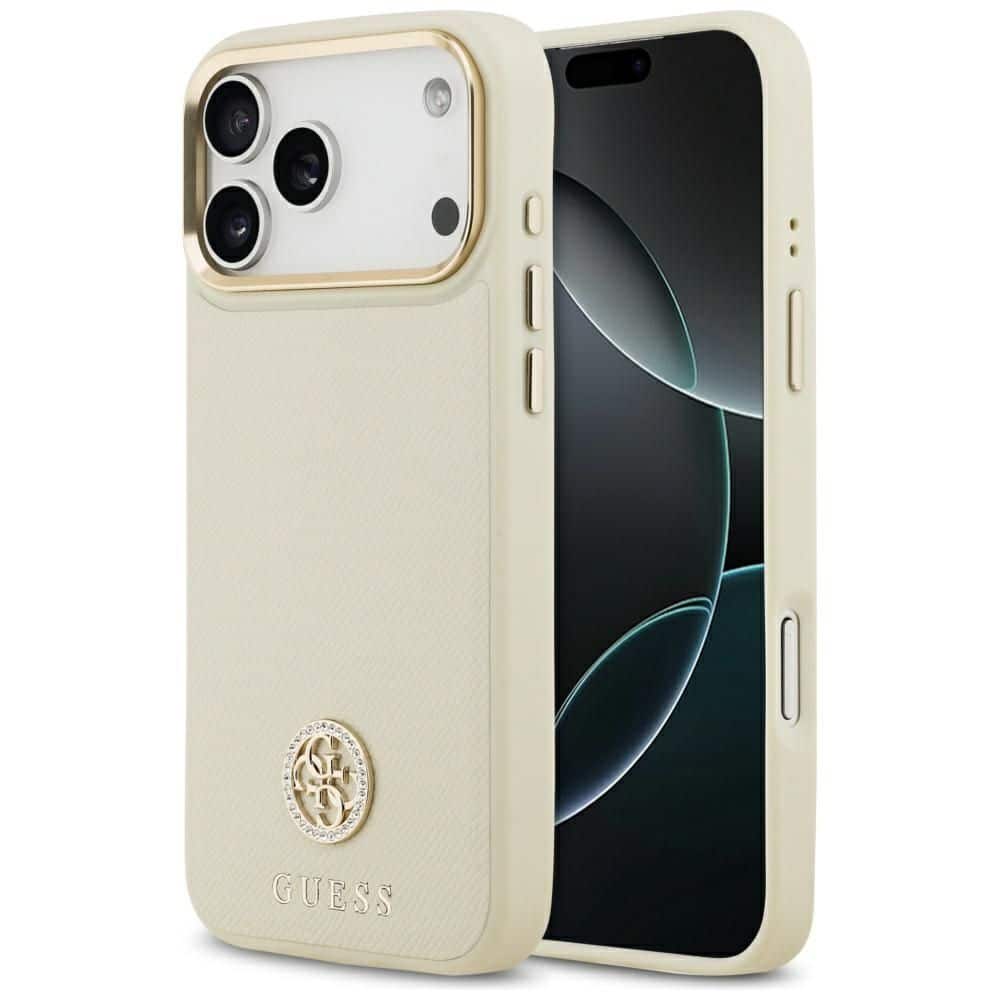 GUESS maskica za iPhone 17 Pro Max kompatibilna s MagSafe (PU s logom od zrnaste strass tkanine) bež