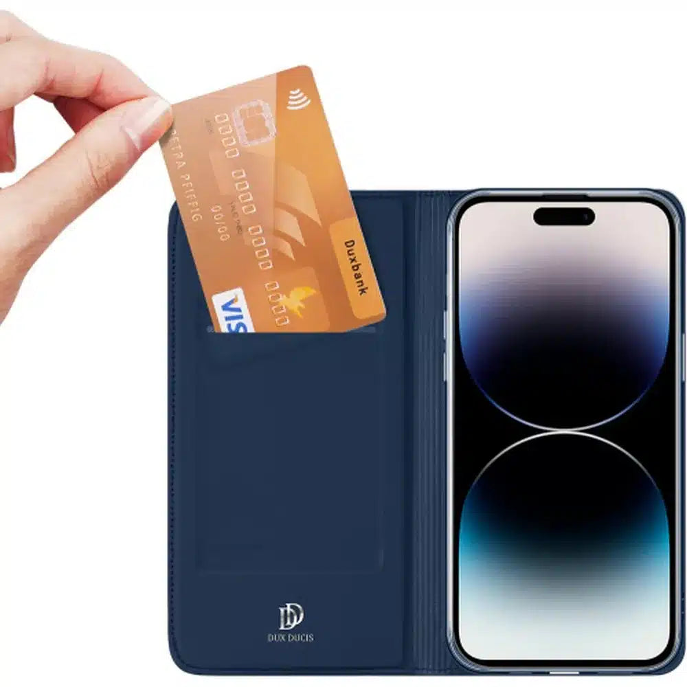 DUX DUCIS Skin Pro – Hladké kožené pouzdro pro Apple iPhone 15 Pro modré