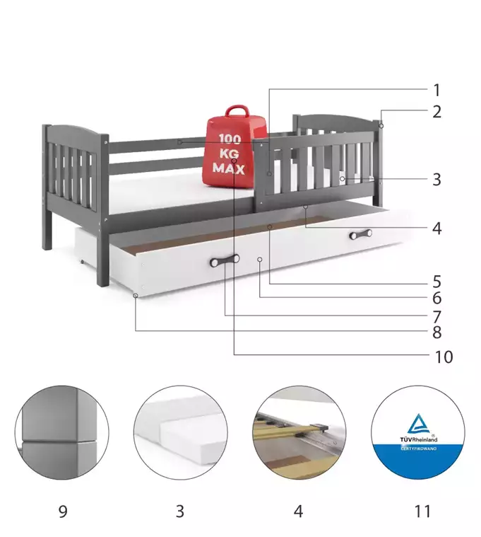Krevet BMS Kubus + ladica 160x80 cm, GRF bijela