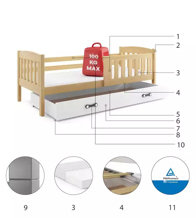 Krevet BMS Kubus + ladica 200x90 cm, PINE bijela