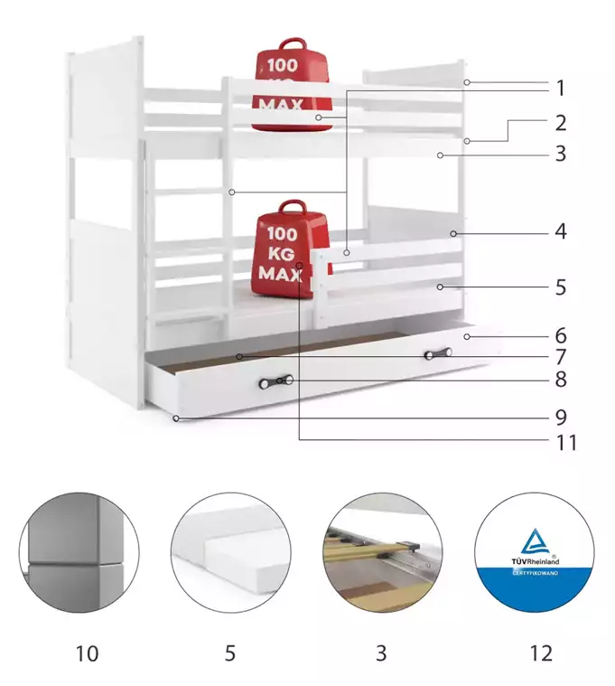 Krevet BMS Rico na kat + ladica 200x90 cm, GRF bijela