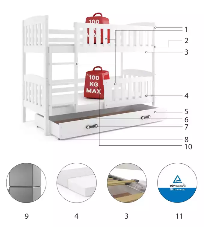 Krevet BMS Kubus na kat + ladica 200x90 cm, BIA bijela