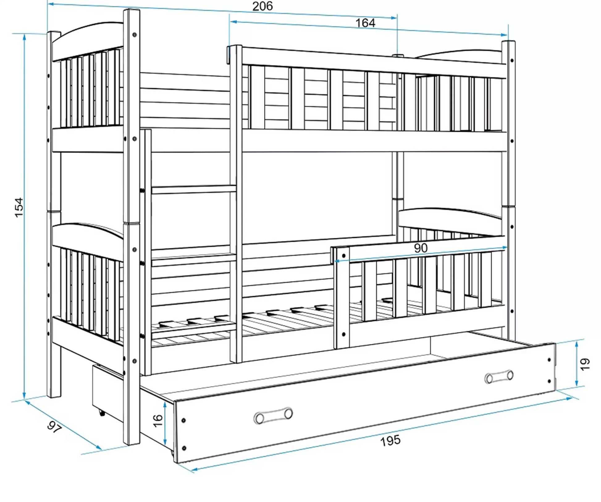 Krevet BMS Kubus na kat + ladica 200x90 cm, PINE grafit