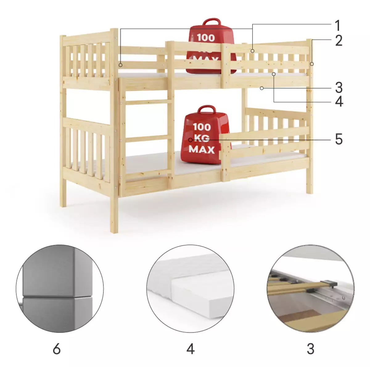 Krevet BMS Kacper na kat 190x90 cm, PINE