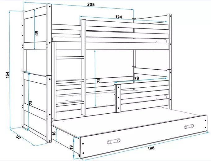 Krevet BMS Rico na kat za 3 osobe 200x90 cm, BIA zelena