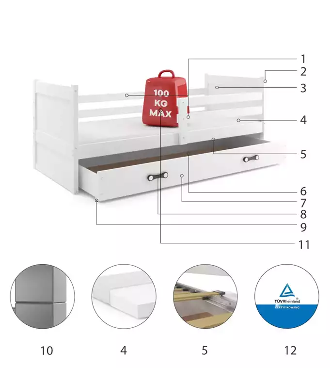 Krevet BMS Rico + ladica 200x90 cm, PINE