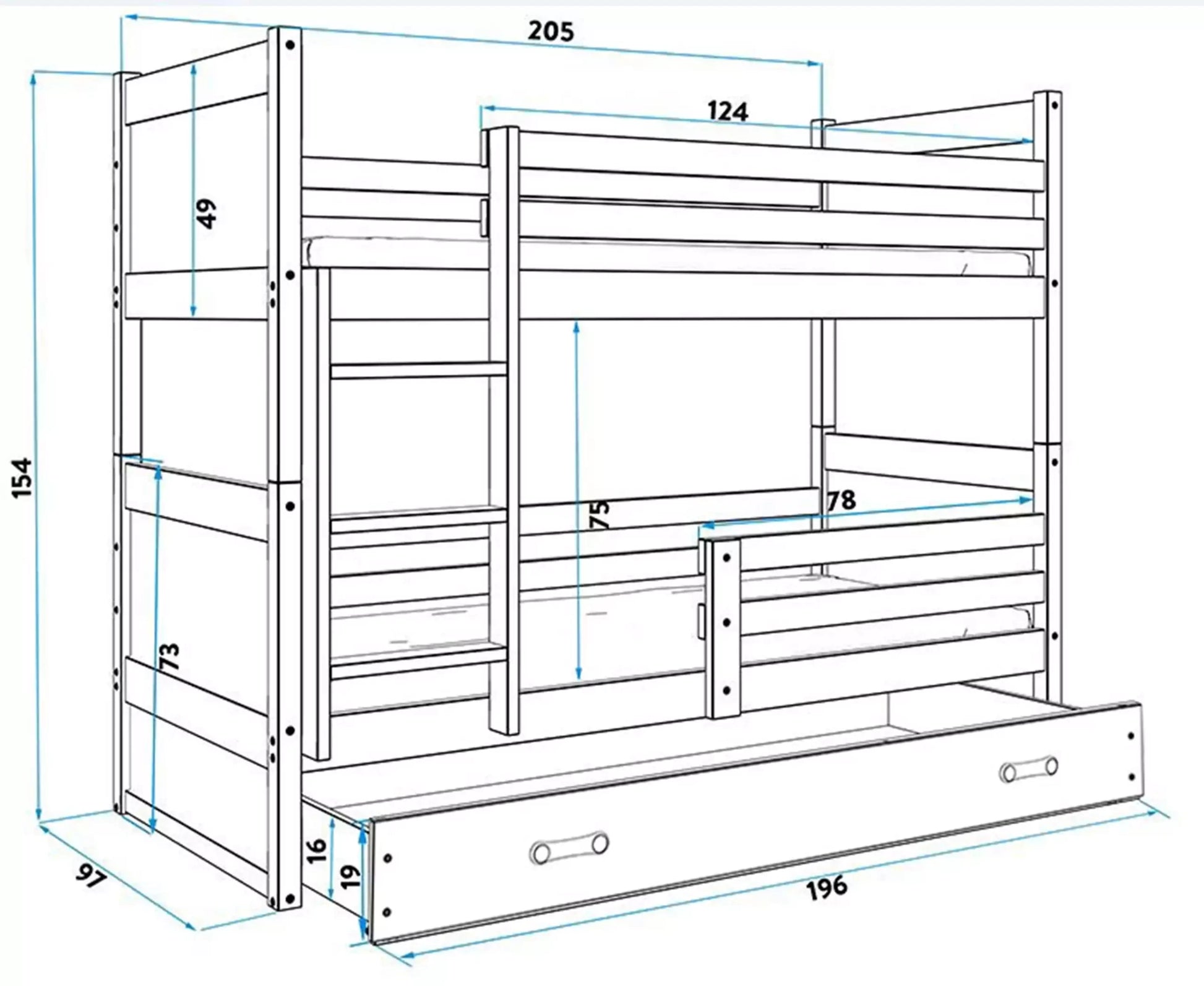 Krevet BMS Rico na kat + ladica 200x90 cm, GRF grafit