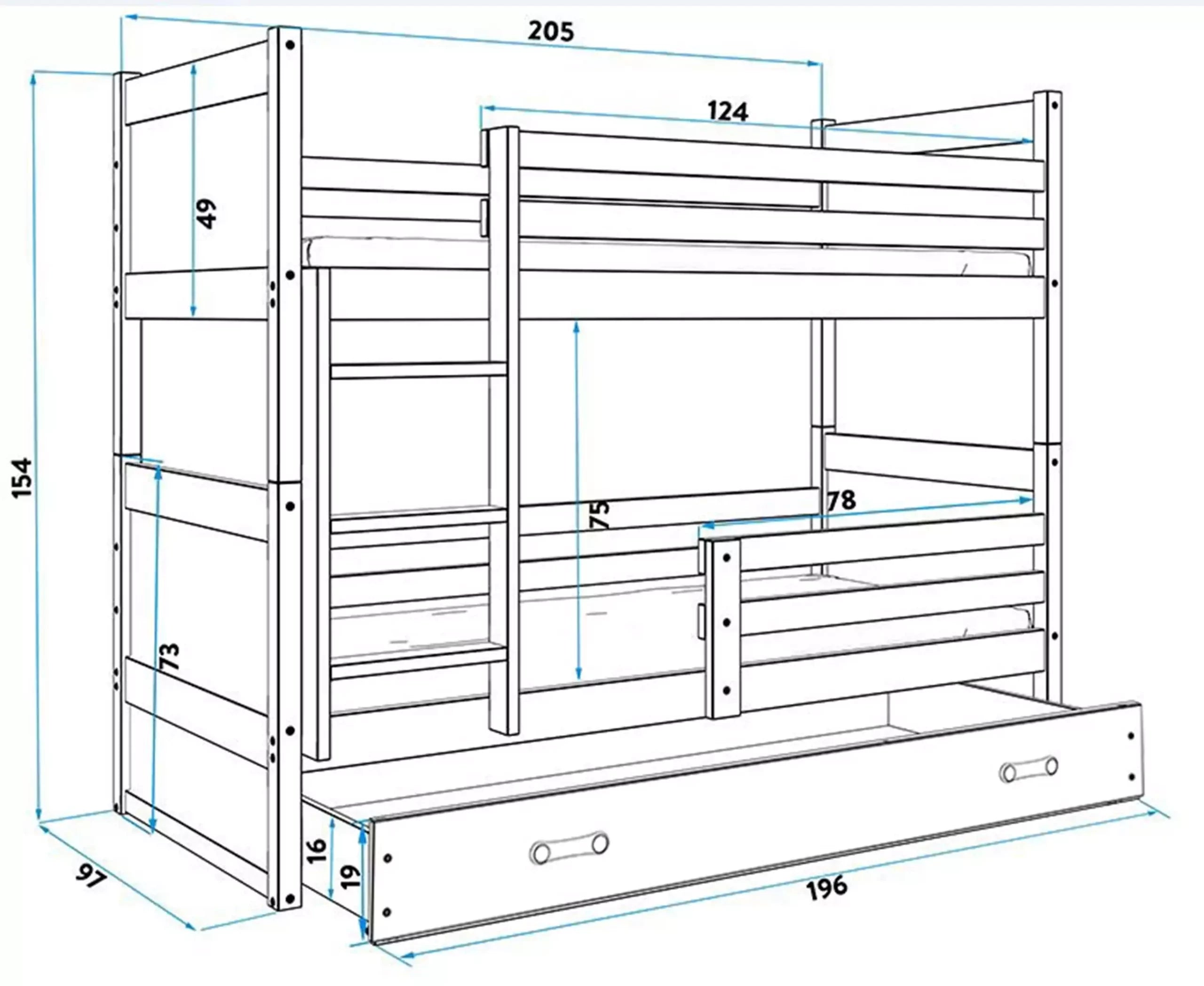 Krevet BMS Rico na kat + ladica 200x90 cm, BIA plava