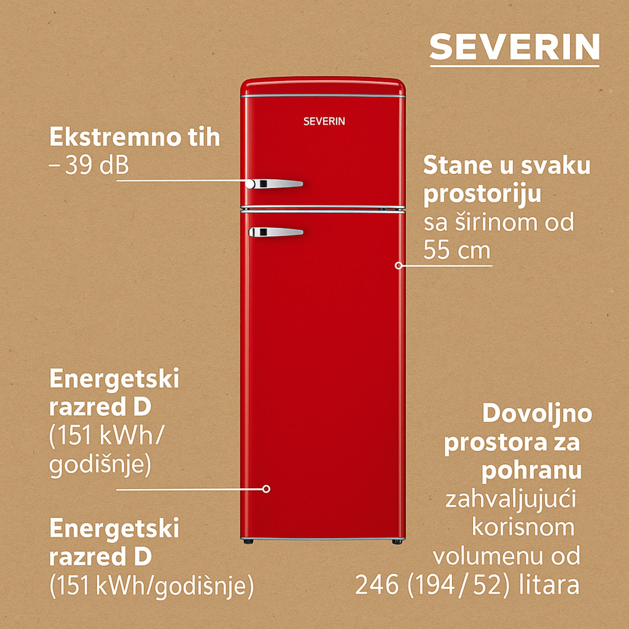 Severin Retro volně stojící chladnička, červená, 246 L, RKG 8983