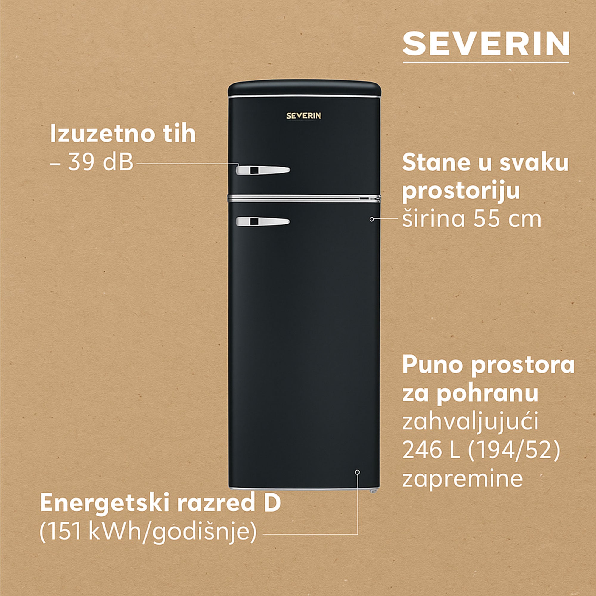 Severin Retro volně stojící chladnička, černá, 246 l, RKG 8984